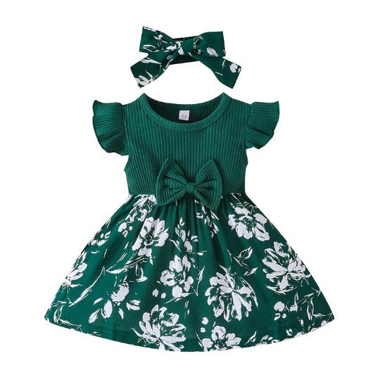 Girls' Cute Floral Flying Sleeve Dress Hair Band Two-piece Set