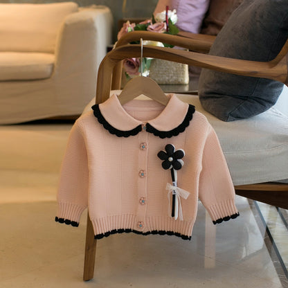 Children's Small Flower Round Neck Cardigan