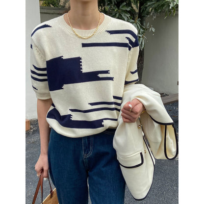 Patterned Round Neck Short Sleeve Knitted Sweater Women's Contrast Color Sweater Women