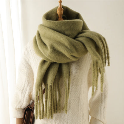 Solid Color Versatile Winter Warm Extended Tassel Scarf