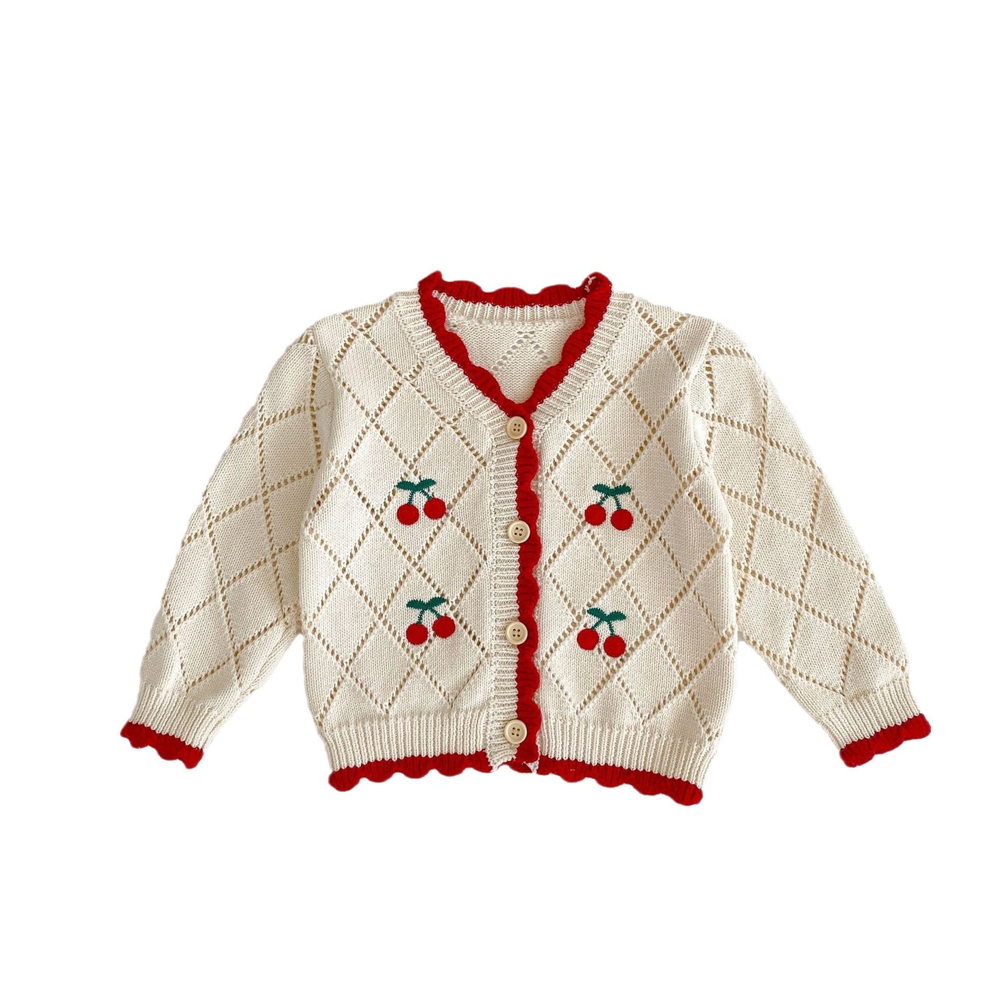 Children Cherry Embroidery Red-edged Knitted Coat