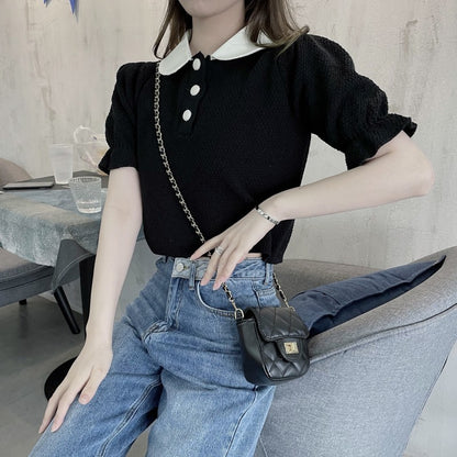 Doll Collar Puff Sleeve Sweater Women Polo Collar Retro Half-Sleeved Loose Crop Top