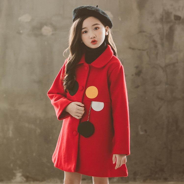 Girls Padded Lapel Color Matching Polka Dot Woolen Coat