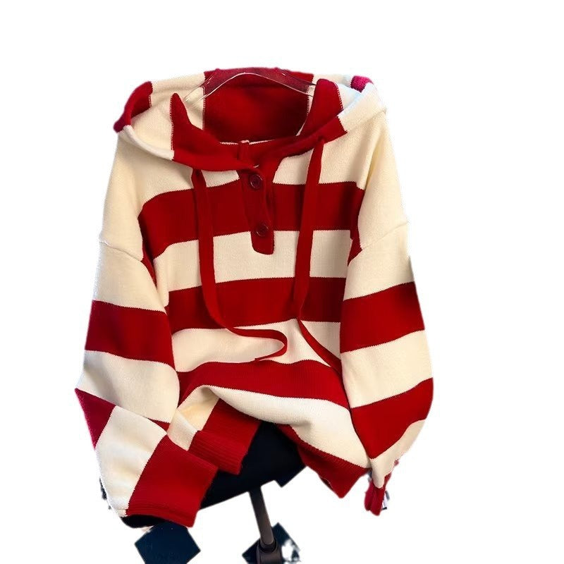 Spring And Autumn Stripes Hooded Sweater Women's Loose