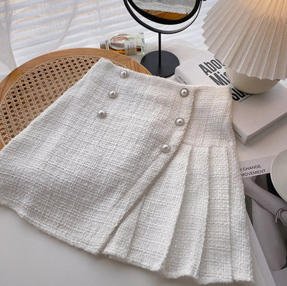 Irregular Pearl Buckle High Waist Pleated A- Line Skirt