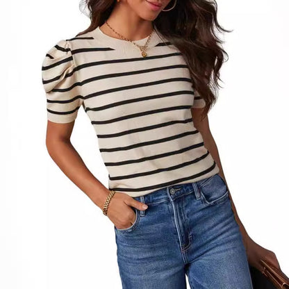 Women's Short Puff Sleeve Knitted Top Striped T-shirt