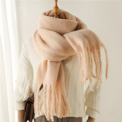 Solid Color Versatile Winter Warm Extended Tassel Scarf