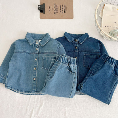 Retro Long-sleeved Shirt Denim Pants Two-piece Set