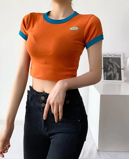 T-shirt In Contrast Color Women's Short High Waist Slim Top