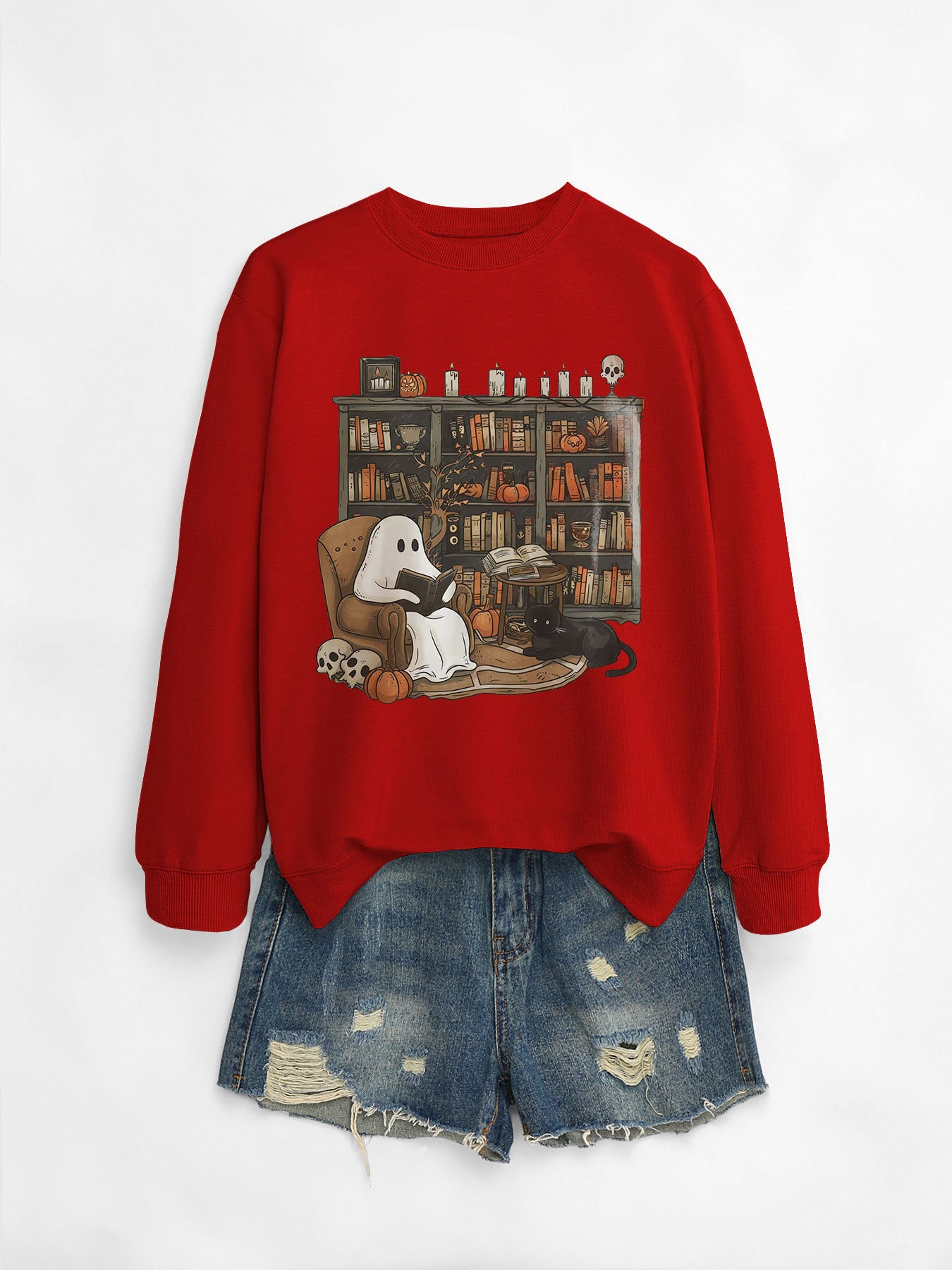 Womens Printed Bookshelf Ghost Black Cat Round Neck Sweater