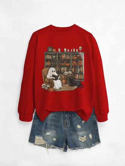 Womens Printed Bookshelf Ghost Black Cat Round Neck Sweater