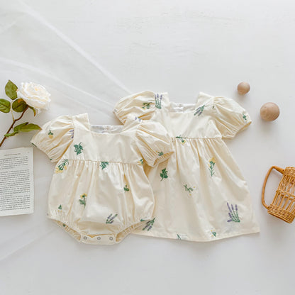 Thin Cotton Embroidery Puff Short Sleeve Baby Bodysuit Jumpsuit