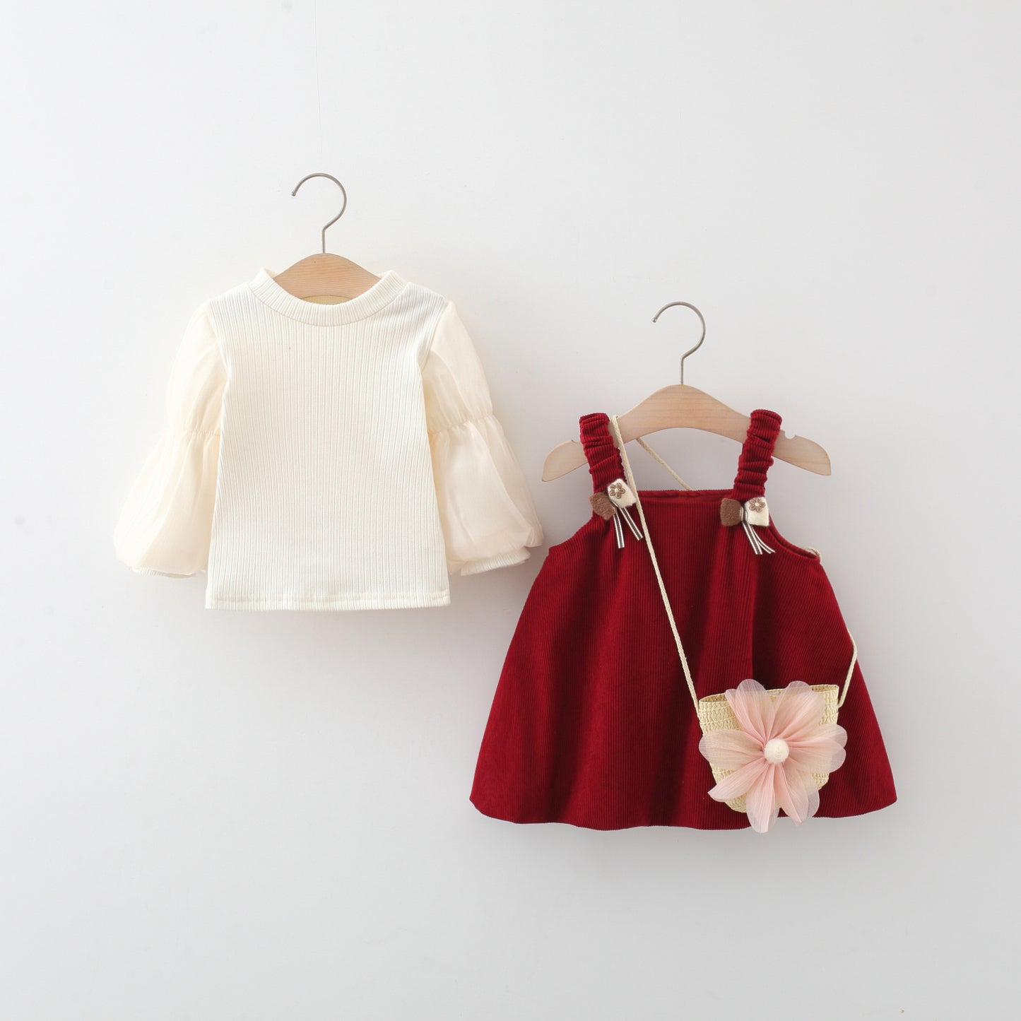 Girls Long Sleeve Bowknot Corduroy Suspender Skirt Outfit