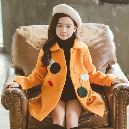 Girls Padded Lapel Color Matching Polka Dot Woolen Coat