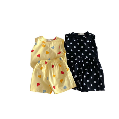 Baby Girl Thin Cotton Love Dotted Prints Vest Shorts Set