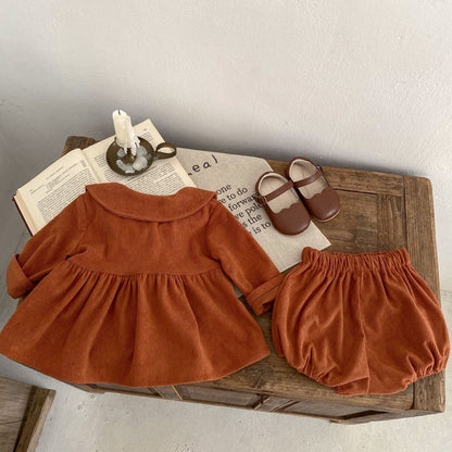 Infant Girl Baby Corduroy Col Claudine Top Corduroy Baby Bloomer 2-piece Set