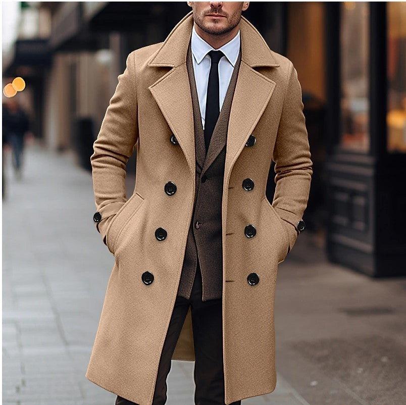 Men Woolen Coat Double Breasted Long