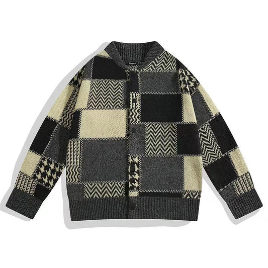 Mens Plaid Cardigan Knitted Sweater