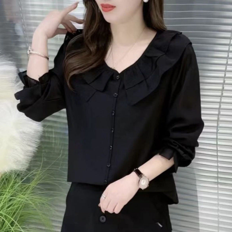 Round Neck Lace Solid Color Slimming Long-sleeved Shirt