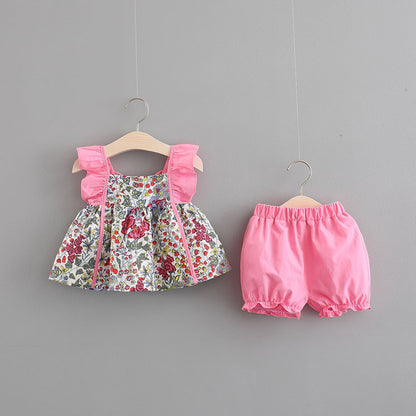 Born Girl Printed Flounced Sleeve Suit Vest Shorts Two-piece Set