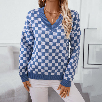 V-neck Sweater Loose Pullover Chessboard Plaid Color Matching Sweater