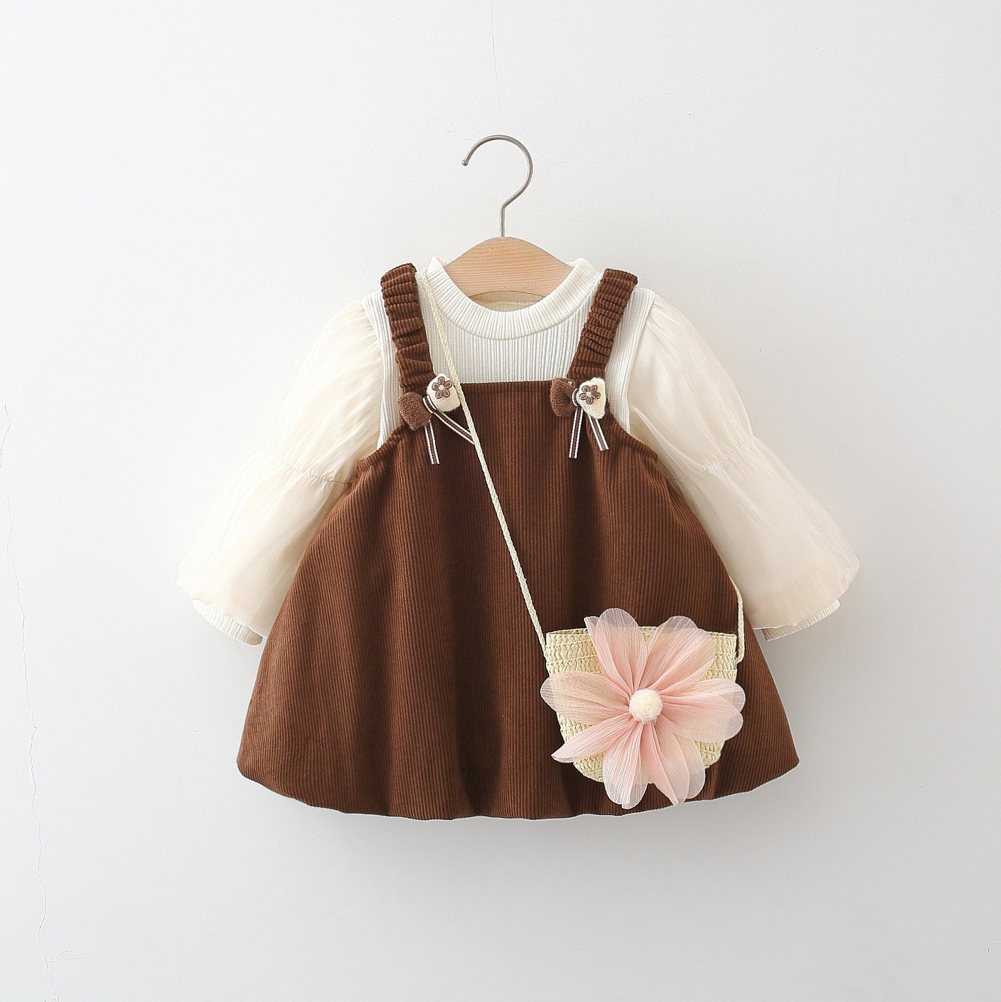 Girls Long Sleeve Bowknot Corduroy Suspender Skirt Outfit