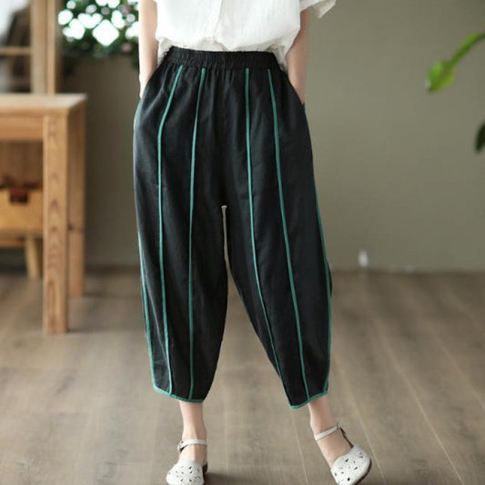 Summer Thin Striped Cotton And Linen Cropped Pants For Women