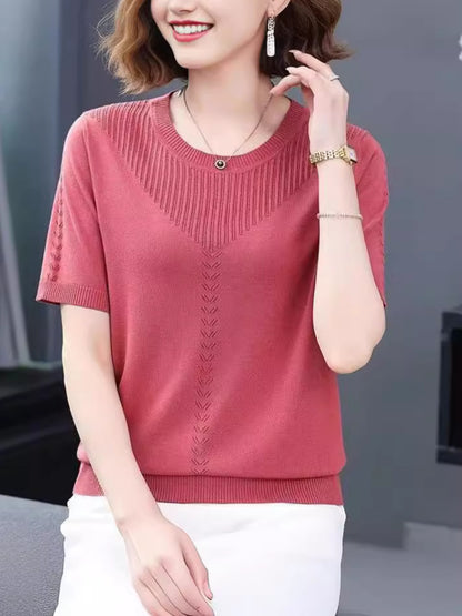 Womens Hollow-out Ice Silk Short Sleeve Round Neck Knitted Shirt