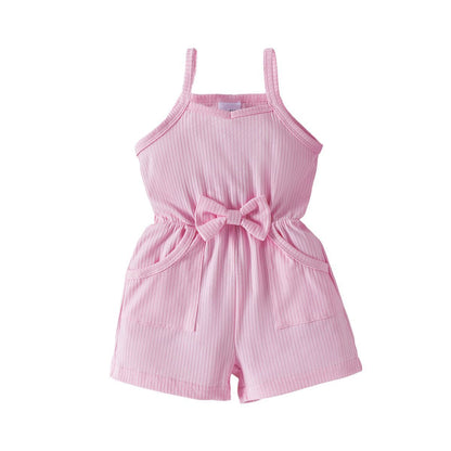 Girls' Bow Suspenders Sunken Stripe Solid Color Jumpsuit