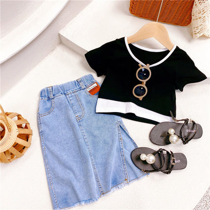 Childrens Two Piece Short Sleeved Denim Skirt