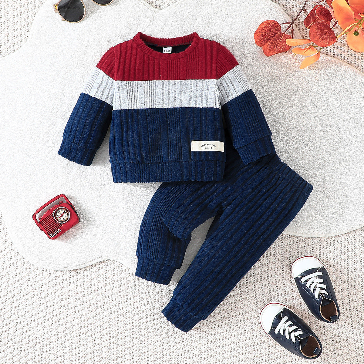 Color Matching Top Solid Color Pants Suit Baby Boy Cute Two-piece Set