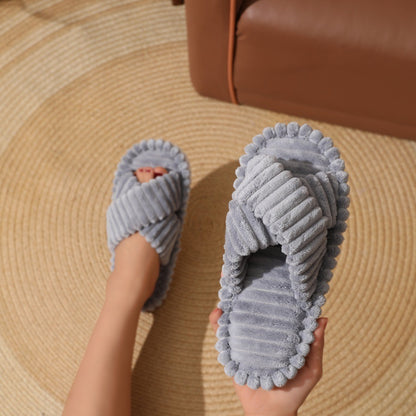 Home Fur Cross Belt Cotton Slippers Women