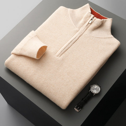 Mens Cashmere Thickened Half-high Collar Zipper Pullover Sweater