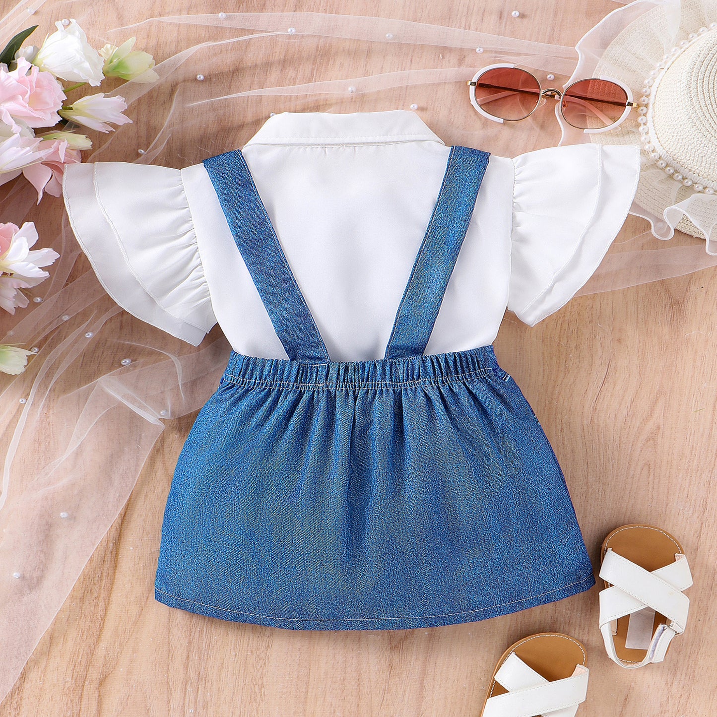 Flounced Sleeve Top Suspender Skirt Children's Fashion Suit