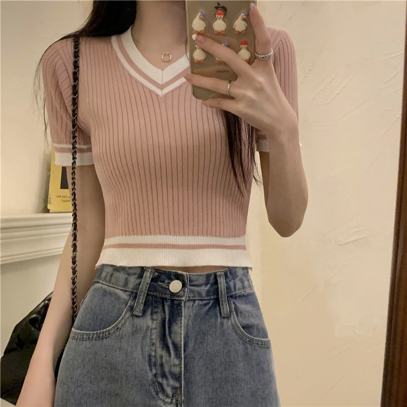 Womens  V-neck Short Sleeve Knitwear T-shirt