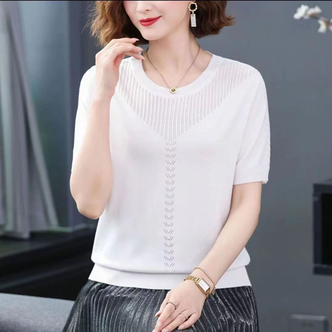 Womens Hollow-out Ice Silk Short Sleeve Round Neck Knitted Shirt