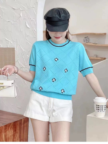 Embroidered Classic Style Ice Silk Sweater Women's Clothing