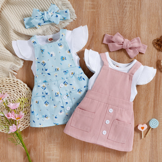 Sunken Stripe Cotton Short-sleeved Flower Suspender Skirt Infant Suit