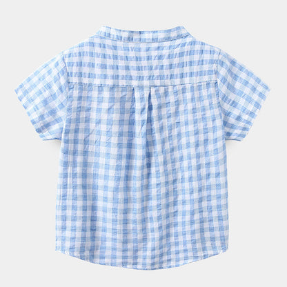 Children's Cotton Blue Short-sleeved Shirt Fashion Casual Short-sleeved Plaid Shirt