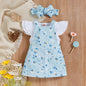 Sunken Stripe Cotton Short-sleeved Flower Suspender Skirt Infant Suit