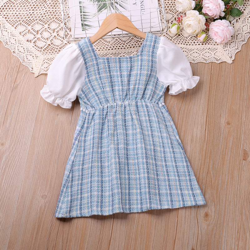 Plaid Pearl Buckle Classic Style Bubble Dress