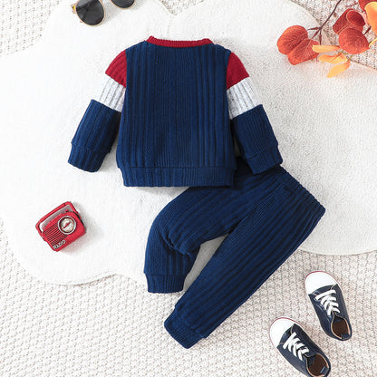 Color Matching Top Solid Color Pants Suit Baby Boy Cute Two-piece Set