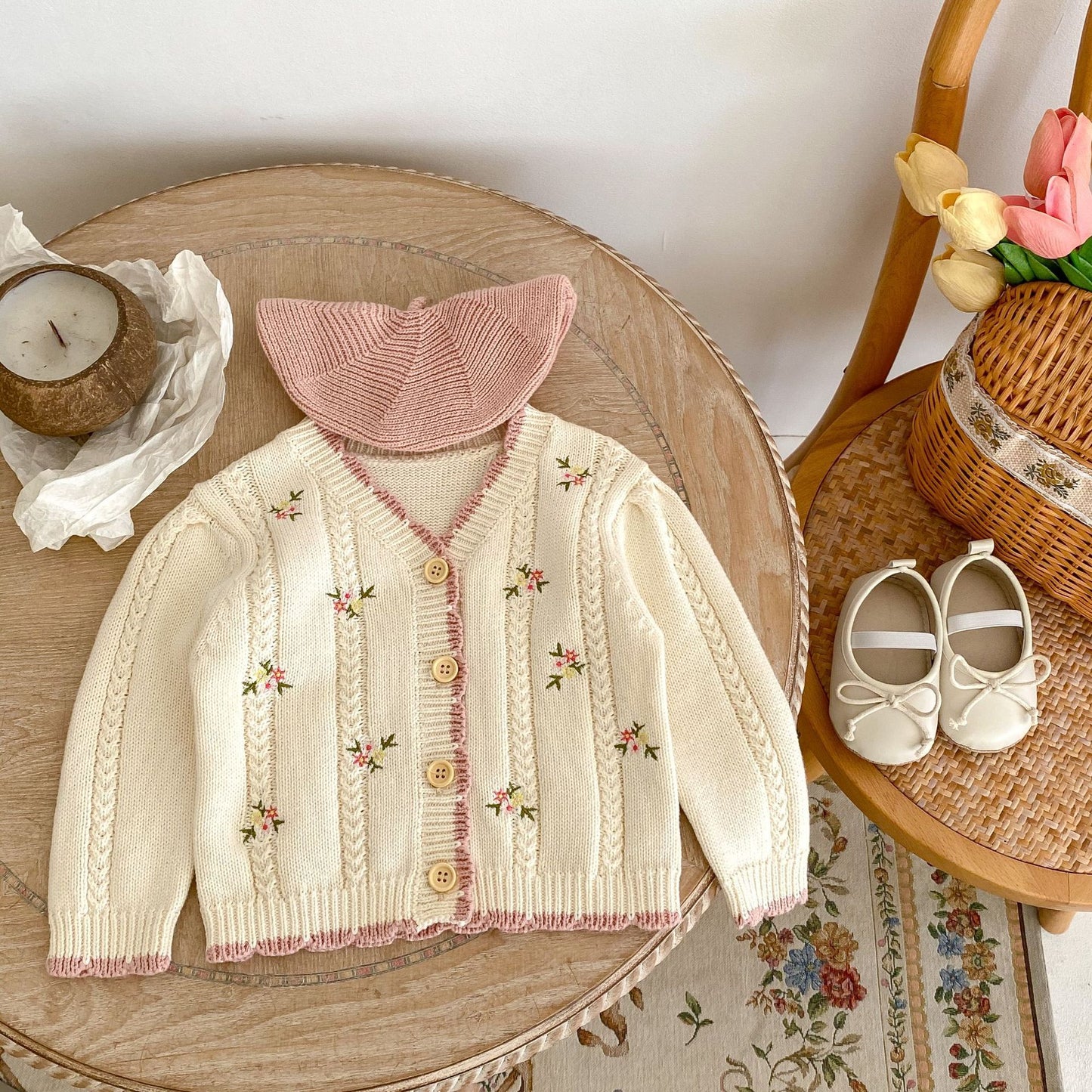 Baby Girl Small Floral Embroidered Knitted Cardigan Jacket