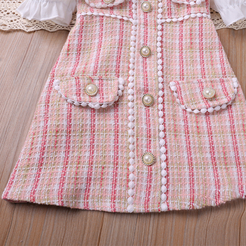 Plaid Pearl Buckle Classic Style Bubble Dress