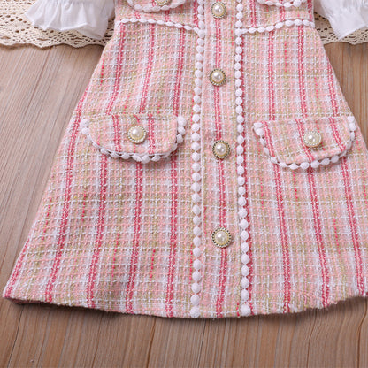 Plaid Pearl Buckle Classic Style Bubble Dress