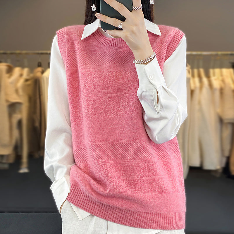 Women's Round Neck Knitted Pullover Cashmere Sweater Waistcoat Loose Wool Vest Slimming Vest