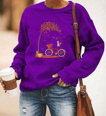 Bicycle Printing Long Sleeve Crew Neck Sweater Women