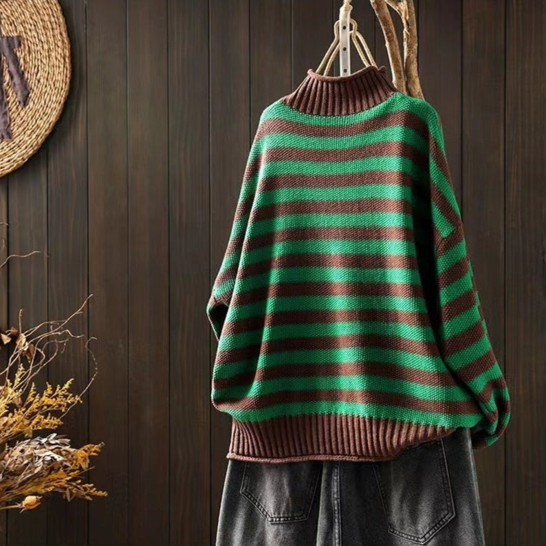 Striped Contrast Color Mock Neck Sweater