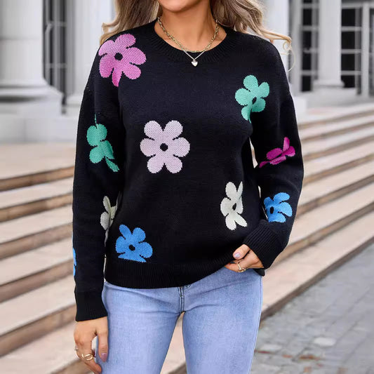 Women's Sweater Flowers Color-block Crew Neck