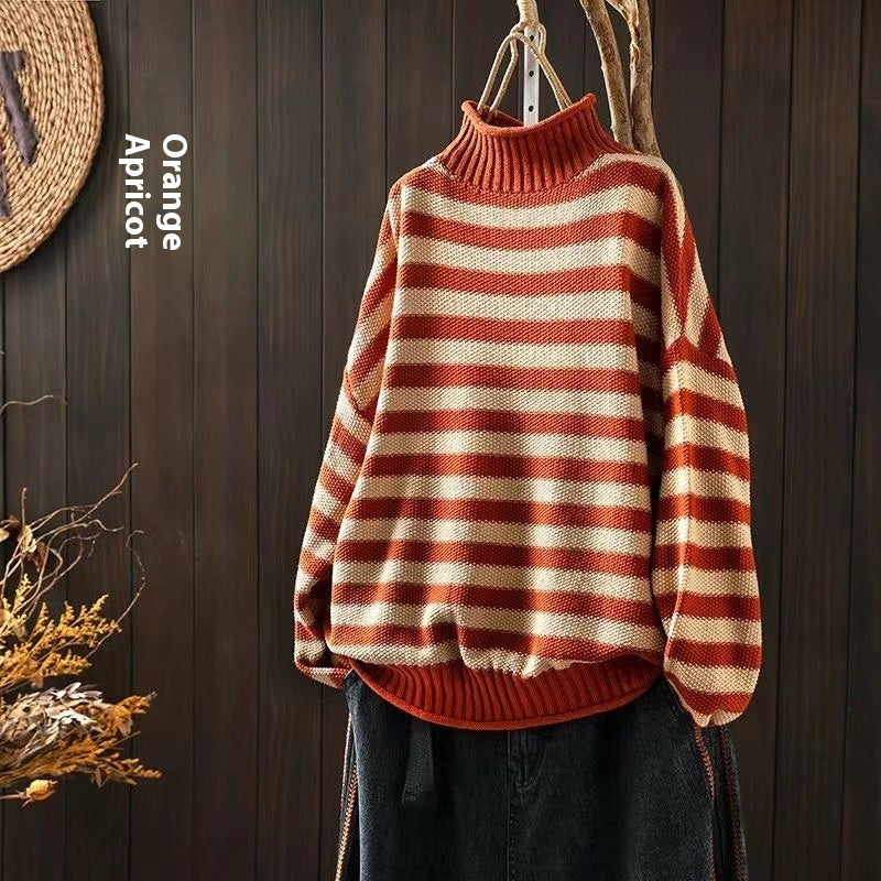 Striped Contrast Color Mock Neck Sweater